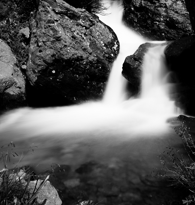 Ice Lake Basin Black and White waterfall