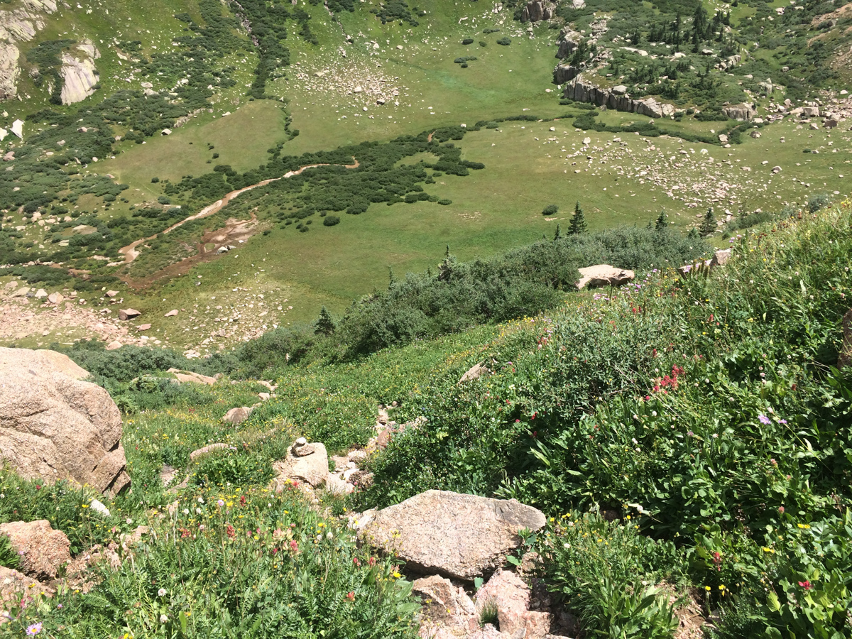 Downclimbing Turret and Pigeon into Ruby Basin