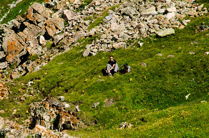 Sarah on the grassy bench